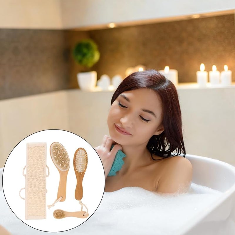 Double Sided Bathing Brush Set 4Pcs with Cotton Linen Back Scrubber for Exfoliating Body Cleaning - Image 3
